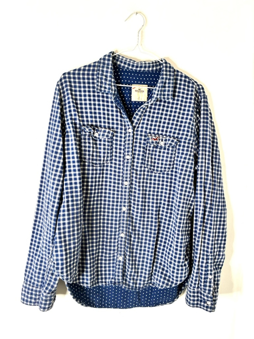 Hollister Y2K Blue White Gingham Button Shirt Polka Dot Hi Lo Cotton Long Sleeve